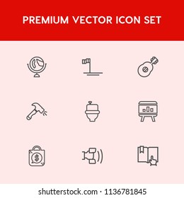 Modern, simple vector icon set on red background with beach, ocean, mexico, world, music, book, guitar, global, bag, open, travel, sale, sphere, sea of cortes, chart, template, telephone, white icons