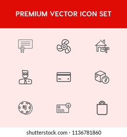 Modern, simple vector icon set on red background with celebration, sack, home, cooler, package, banking, gambling, diploma, achievement, property, ventilation, casino, plastic, honor, card, game icons