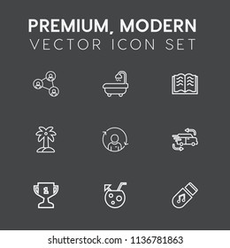 Modern, simple vector icon set on dark grey background with digital, person, technology, quality, sound, storage, juice, business, house, bathroom, refresh, paper, fast, delivery, palm, award icons