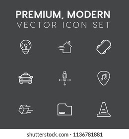 Modern, simple vector icon set on dark grey background with taxi, board, up, travel, sign, electricity, business, paper, transportation, skateboard, transport, mortgage, guitar, package, power icons