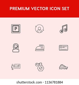Modern, simple vector icon set on red background with businessman, cheque, rotation, music, meeting, quality, perfume, urban, money, boat, call, bottle, transportation, center, street, sea, pump icons