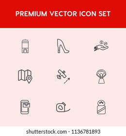 Modern, simple vector icon set on red background with leather, ingredient, tape, luxury, email, service, airplane, mail, girl, bed, insulating, phone, money, pin, finance, fashion, location, air icons