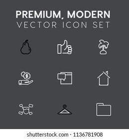 Modern, simple vector icon set on dark grey background with business, dollar, clothing, home, file, ripe, folder, fresh, summer, bubble, male, paper, hanger, house, finance, man, green, juicy icons