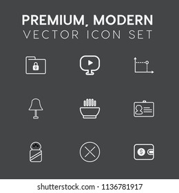 Modern, simple vector icon set on dark grey background with ingredient, wallet, dish, close, business, salt, protection, hot, id, button, dinner, finance, lamp, lock, folder, play, name, white icons