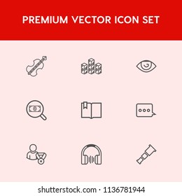 Modern, simple vector icon set on red background with profile, telescope, goods, storage, person, sign, human, music, web, online, astronomy, body, instrument, business, night, industrial, book icons