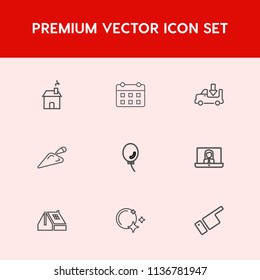 Modern, simple vector icon set on red background with balloon, platform, lorry, house, date, new, business, shovel, internet, freight, call, window, direction, roof, construction, schedule, day icons