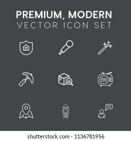 Modern, simple vector icon set on dark grey background with chat, microphone, house, location, care, safety, antenna, industry, tv, ben, crane, protection, travel, person, picking, home, voice icons