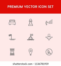 Modern, simple vector icon set on red background with clock, baja, frame, timer, sea, sand, development, place, hotel, circle, beach, progress, pin, ocean, strategy, time, hour, success, growth icons