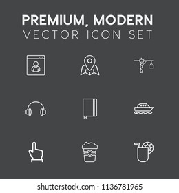 Modern, simple vector icon set on dark grey background with social, stereo, page, map, hammer, coffee, book, glass, water, navigation, travel, man, people, pin, finger, juice, paper, profile icons