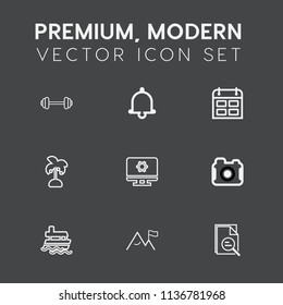 Modern, simple vector icon set on dark grey background with strength, setting, sea, tool, leaf, photo, fitness, photographer, photography, sport, call, event, schedule, timetable, alarm, time icons