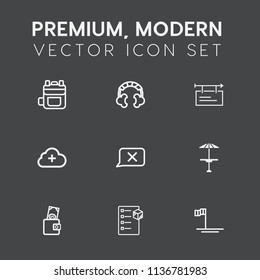 Modern, simple vector icon set on dark grey background with checklist, back, equipment, blank, internet, money, poster, purse, blue, object, closed, fashion, color, audio, sound, rucksack, chat icons