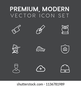 Modern, simple vector icon set on dark grey background with hand, hammer, meat, avatar, animal, ship, hat, boat, showing, protect, pointing, cooking, equipment, protection, home, fashion, tool icons