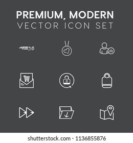 Modern, simple vector icon set on dark grey background with hit, waste, recreation, fashion, profile, hobby, equipment, strike, object, bowl, supermarket, security, protection, internet, ball icons