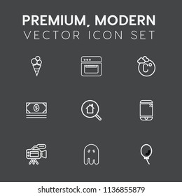 Modern, simple vector icon set on dark grey background with holiday, phone, coin, lens, search, microphone, cooking, fear, business, kitchen, cash, bank, camera, hot, tripod, scary, scale, cream icons