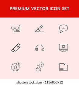 Modern, simple vector icon set on red background with scuba, health, accounting, diving, hour, setting, kitchen, knife, doctor, sport, stereo, message, business, financial, time, medical, paper icons