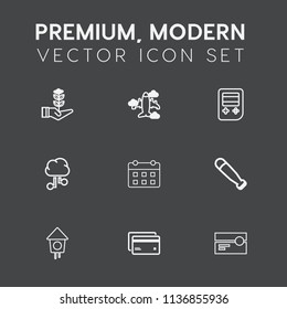 Modern, simple vector icon set on dark grey background with money, garden, birdhouse, day, cloud, debit, bird, life, stereo, sport, internet, agriculture, network, music, air, gardening, growth icons