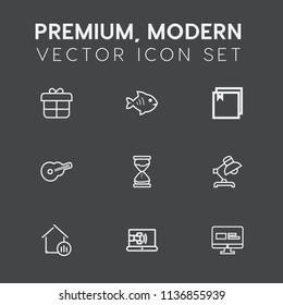 Modern, simple vector icon set on dark grey background with website, surprise, archive, hour, call, table, animal, present, property, fishing, house, celebration, decoration, sand, lamp, fresh icons