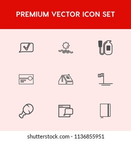 Modern, simple vector icon set on red background with website, food, fire, chat, page, cassette, sunrise, stereo, equipment, safety, notebook, book, talk, morning, message, beach, snack, roof icons