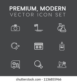 Modern, simple vector icon set on dark grey background with laboratory, search, fashion, sewing, magnifying, equipment, technology, night, camera, sound, tool, sew, beach, stereo, sea of cortes icons