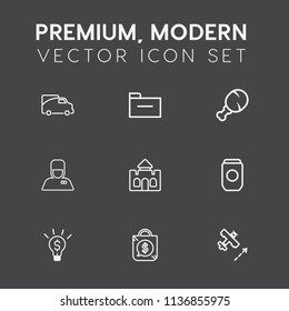 Modern, simple vector icon set on dark grey background with snack, document, transportation, bellhop, transport, business, folder, hospitality, castle, metal, tower, flight, truck, fast, food icons