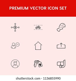 Modern, simple vector icon set on red background with money, delete, building, user, fast, finance, snorkel, cycle, profile, currency, security, bank, dollar, snack, transport, meal, meat, male icons