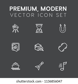 Modern, simple vector icon set on dark grey background with tune, finance, meat, skater, magnetic, melody, bank, skate, fire, security, grill, boat, safe, hot, sea, food, business, ocean, hour icons