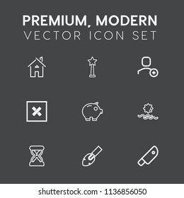 Modern, simple vector icon set on dark grey background with delete, cash, knife, finance, closed, account, building, house, sun, medal, hour, equipment, meat, time, modern, shovel, timer, trophy icons