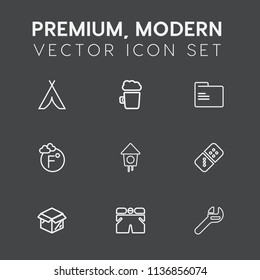 Modern, simple vector icon set on dark grey background with box, bar, shorts, travel, unpacking, equipment, fahrenheit, wrench, play, thermometer, hiking, tool, wooden, blank, tourism, file, pub icons