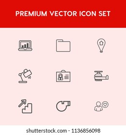 Modern, simple vector icon set on red background with location, table, graph, online, laptop, travel, air, screen, home, helicopter, interior, blank, sport, whistle, upstairs, map, web, profile icons