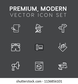 Modern, simple vector icon set on dark grey background with white, way, wear, internet, list, street, document, fast, note, sound, paper, megaphone, template, road, loudspeaker, phone, grill icons