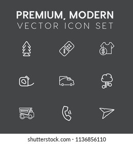 Modern, simple vector icon set on dark grey background with tree, dump, internet, cloud, message, transportation, van, technology, tipper, dumper, tape, plant, mobile, cost, domino, row, game icons