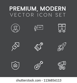 Modern, simple vector icon set on dark grey background with people, paintbrush, vintage, record, shuttle, celebration, rocket, go, casual, travel, protection, protect, music, space, launch, sign icons