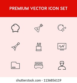 Modern, simple vector icon set on red background with box, doctor, bed, job, uniform, professional, diagnostic, wooden, string, guitar, double, pencil, medical, music, cooking, technology, art icons