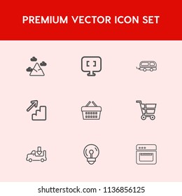 Modern, simple vector icon set on red background with truck, downstairs, down, electric, cart, top, equipment, bus, laptop, up, internet, pc, shop, chain, lorry, trolley, kitchen, oven, sale icons
