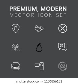 Modern, simple vector icon set on dark grey background with no, tripod, fresh, bugle, sea, retro, sign, rock, seafood, musical, red, fish, food, animal, sound, pear, fruit, instrument, juicy icons