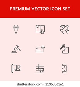 Modern, simple vector icon set on red background with upstairs, down, finance, page, bag, nation, national, music, location, library, legal, aircraft, navigation, book, plane, downstairs, hand icons