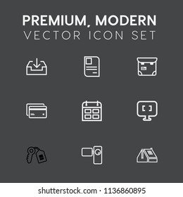 Modern, simple vector icon set on dark grey background with professional, sign, security, internet, day, roof, document, card, passport, website, timetable, name, phone, person, plastic, banking icons