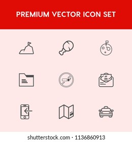 Modern, simple vector icon set on red background with addiction, mountain, nature, panorama, chain, planet, blank, file, cigarette, transportation, post, map, fast, astronaut, chicken, meat, sky icons
