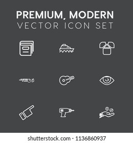 Modern, simple vector icon set on dark grey background with book, ball, coin, textbook, ship, learning, money, cargo, showing, hobby, white, literature, drill, transport, musical, hand, sport icons