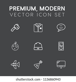 Modern, simple vector icon set on dark grey background with music, tool, chat, message, building, cap, fashion, astronaut, construction, laptop, front, flight, tshirt, app, instrument, airplane icons