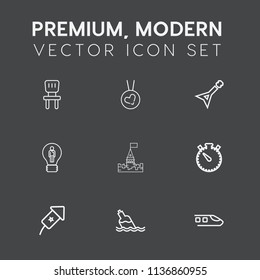 Modern, simple vector icon set on dark grey background with gold, railway, white, comfortable, fashion, interior, watch, festival, clean, drink, tower, event, love, idea, musical, seat, chair icons