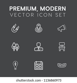 Modern, simple vector icon set on dark grey background with masquerade, chair, nature, circle, carnival, travel, loudspeaker, location, interior, education, magnetic, home, pin, day, job, map icons