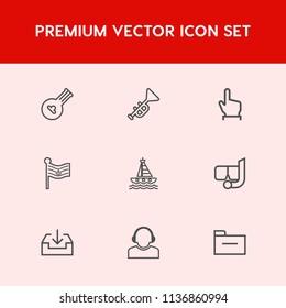 Modern, simple vector icon set on red background with art, team, brass, business, ocean, button, push, folk, national, touch, flag, download, sign, play, storage, trumpet, yacht, support, string icons