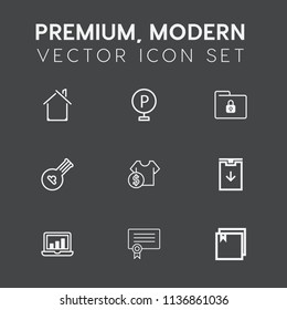 Modern, simple vector icon set on dark grey background with musical, safety, lock, lot, diploma, architecture, music, download, template, road, folk, traffic, car, price, house, transportation icons