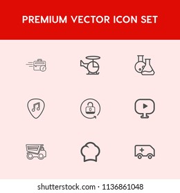 Modern, simple vector icon set on red background with emergency, dumper, food, technology, open, transport, ambulance, music, rescue, video, car, late, tipper, desk, helicopter, vehicle, cook icons