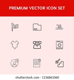 Modern, simple vector icon set on red background with housework, country, house, financial, nation, accounting, bodysuit, pool, water, account, usa, machine, phone, washer, summer, money, real icons