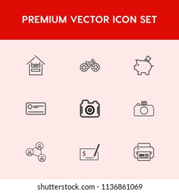 Modern, simple vector icon set on red background with bank, cheque, pay, white, check, cart, wheel, camera, photo, business, supermarket, market, customer, pen, photographer, money, woman, sport icons