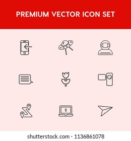 Modern, simple vector icon set on red background with alien, business, technology, banking, sign, retro, spacecraft, space, smartphone, route, spacesuit, science, floral, nature, blossom, email icons