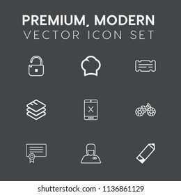 Modern, simple vector icon set on dark grey background with data, business, technology, information, success, man, restaurant, coaxial, cook, paper, internet, certificate, chef, cooking, unlock icons