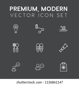 Modern, simple vector icon set on dark grey background with spoon, gps, sale, marker, delete, retail, sign, beautiful, swimming, , user, gift, business, telescope, location, navigation, night icons